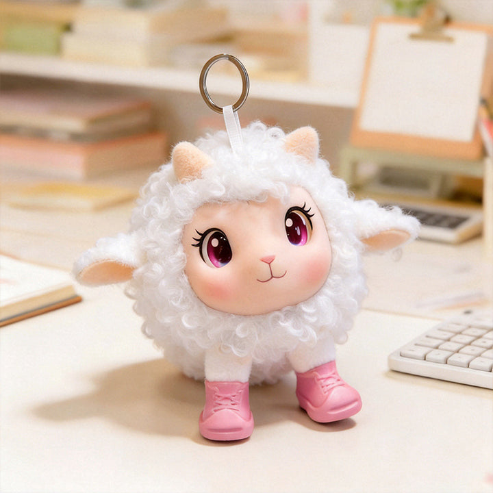 Plush Ram Keychain Charm with Curly Faux-Fur, Sculpted Face, Bell Necklace and Metal Ring Stornfield