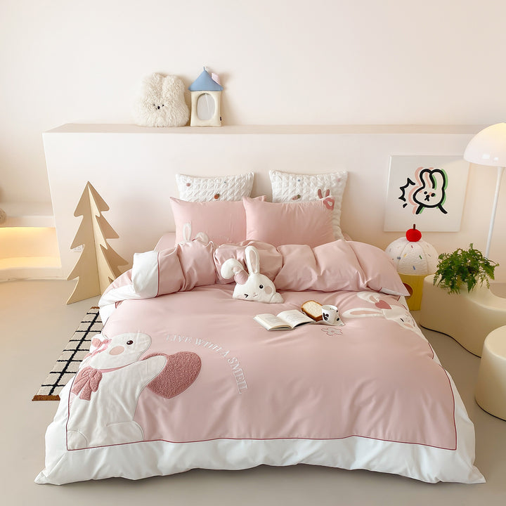 Bunny Appliqué Sateen Duvet Cover Set with Embroidered Heart Accents