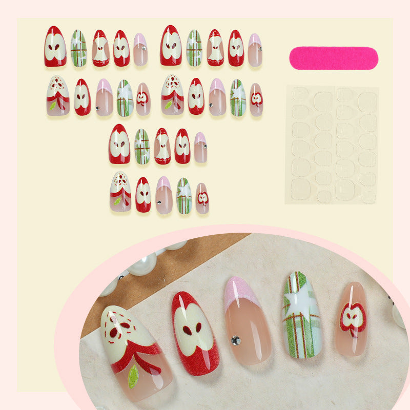 Artificial nail set with cheerful apple and star pattern Stornfield