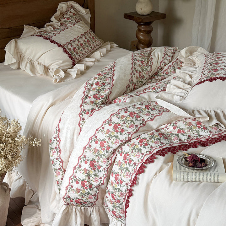 Floral-Striped Ruffled Cotton-Linen Duvet Cover Set with Crochet Lace Trim