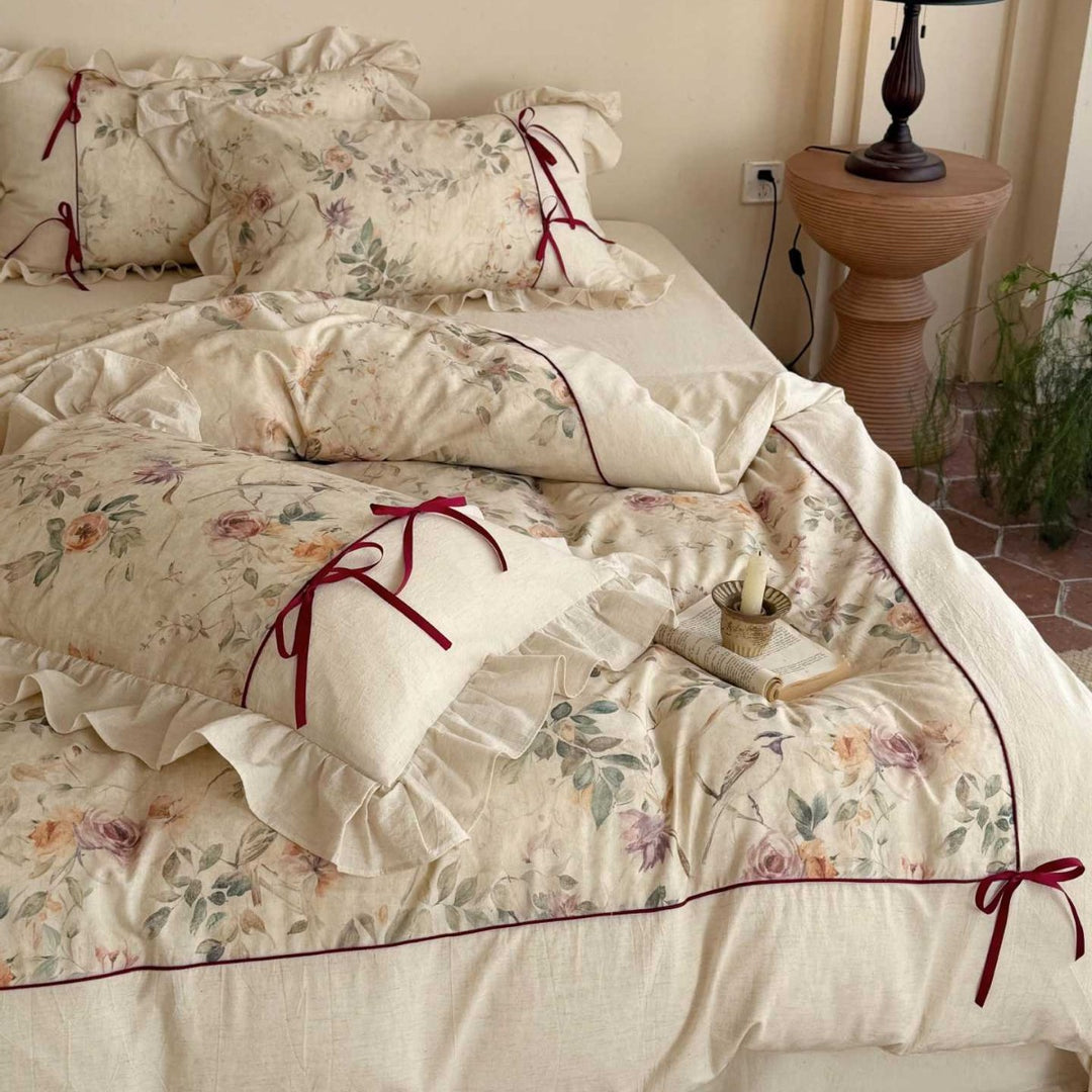Romantic Floral Cotton-Linen Duvet Cover Set with Ruffled Shams & Ribbon Ties