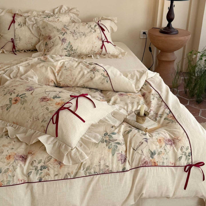 Romantic Floral Cotton-Linen Duvet Cover Set with Ruffled Shams & Ribbon Ties