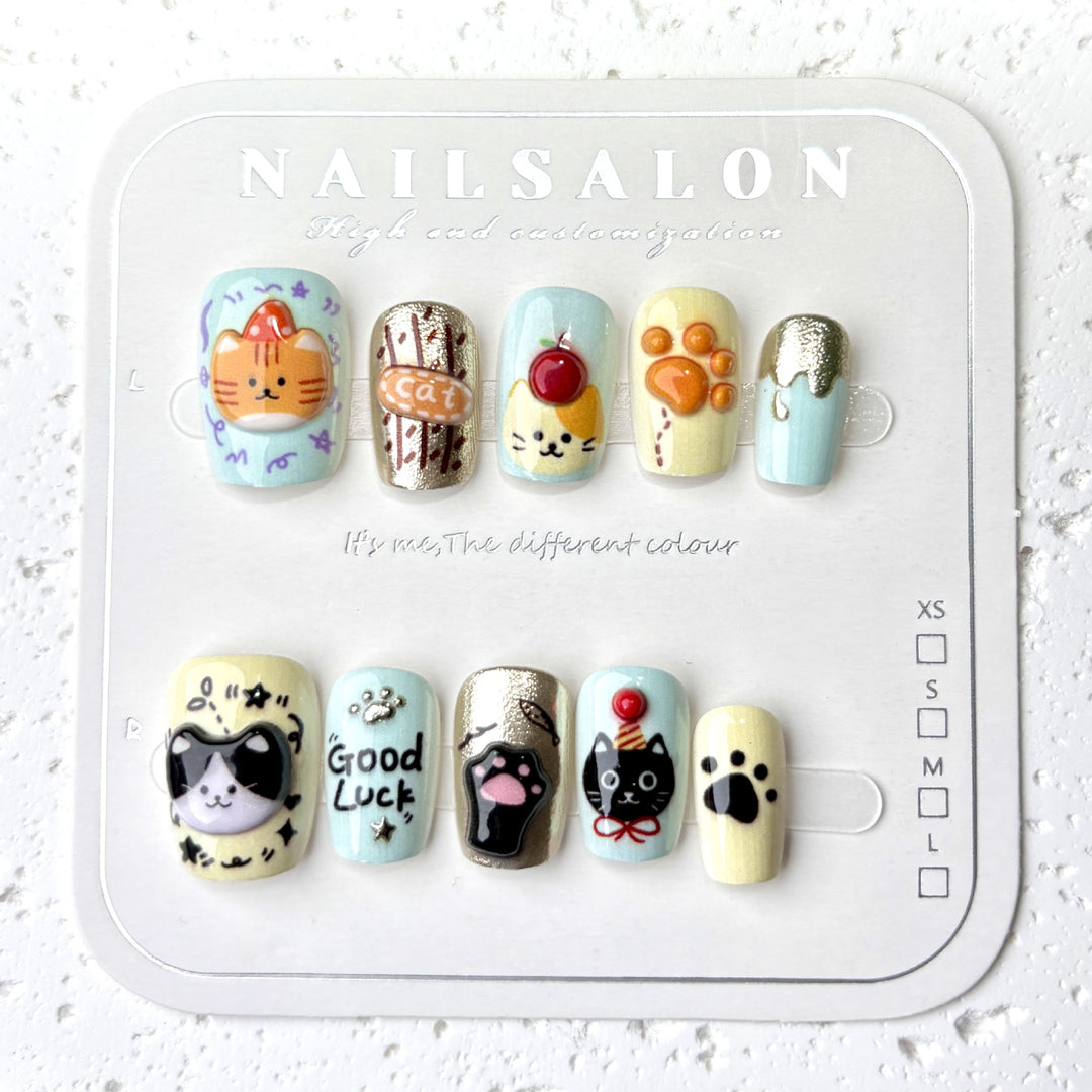 Artistic Press-On Nail Art Set with Cute Animal Designs