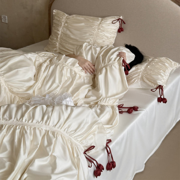 Luxurious Ruched Satin Duvet Cover Set with Drawstring Pillow Shams
