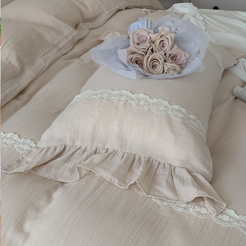 Reversible cotton-linen duvet cover set with ruffle, delicate lace trim, and breathable muslin