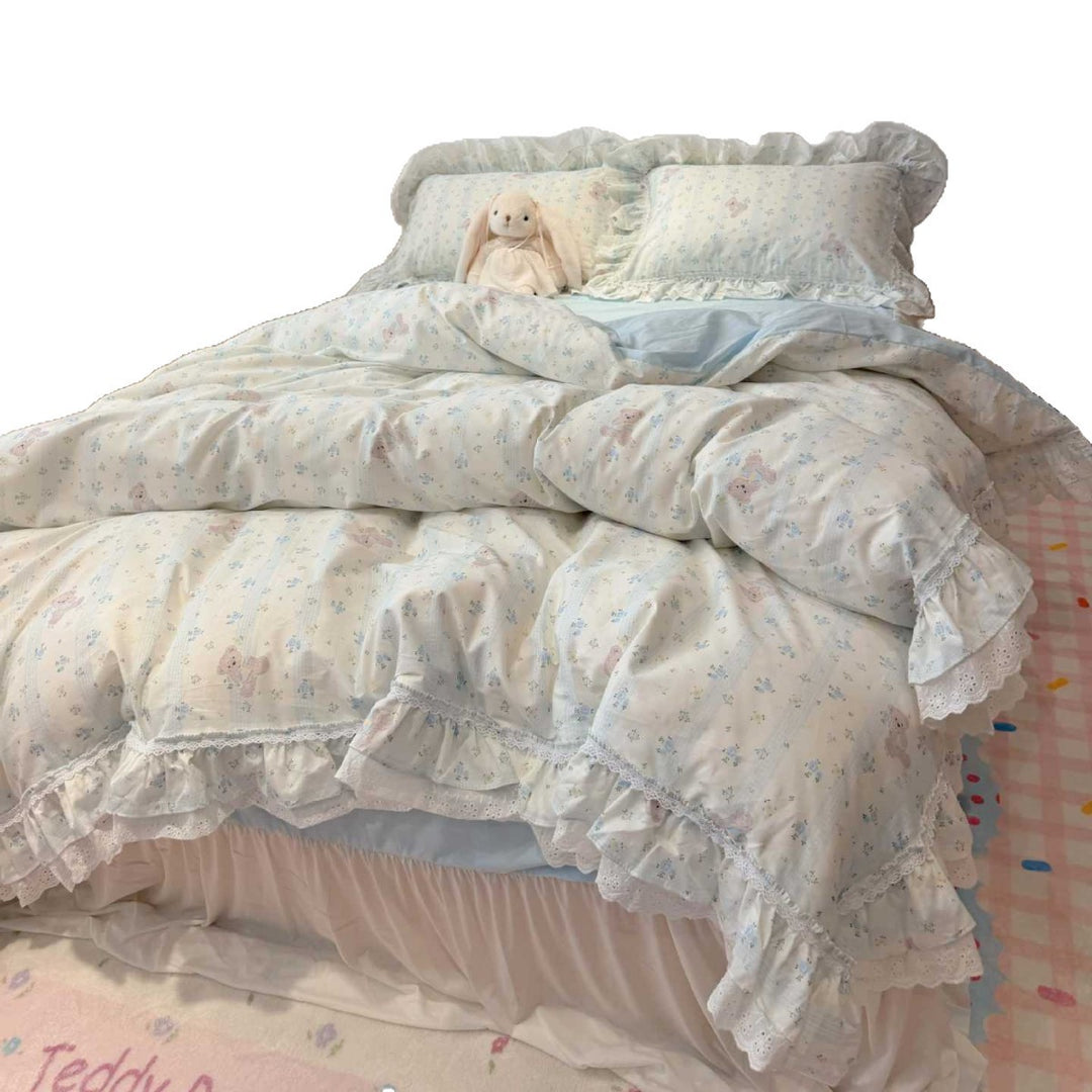 Ruffled Teddy-Pattern Cotton Sateen Duvet Cover Set with Reversible Sheet and Lace-Trim Pillow Shams