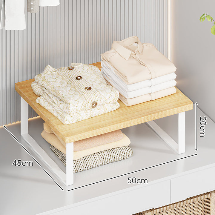 Compact Wooden-Top Metal Shelf Riser for Closet and Countertop