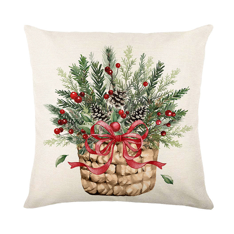 Festive Botanical Wreath Linen-Texture Square Pillow Cover