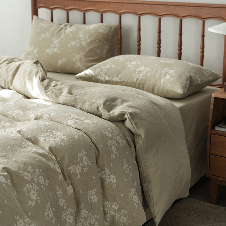 Bedding set in linen look with floral all-over print and fitted sheet