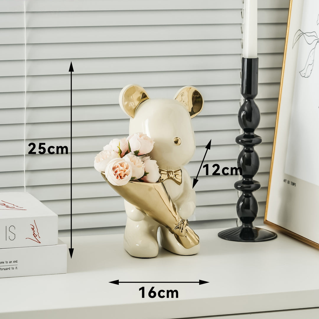 Decorative Bear Figurine with Flower Bouquet for Home