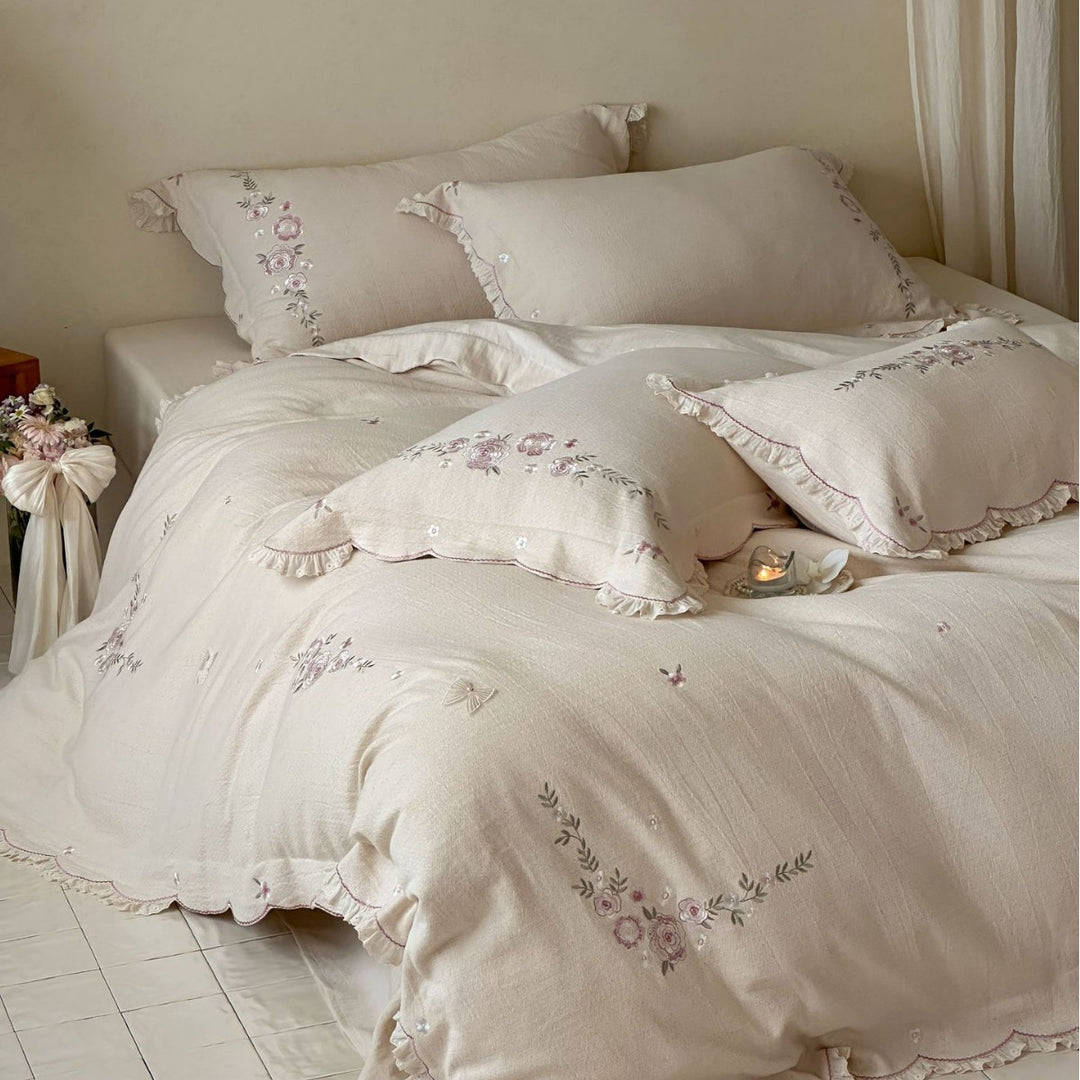 Embroidered Linen-Blend Duvet Cover Set with Scalloped Ruffle Shams