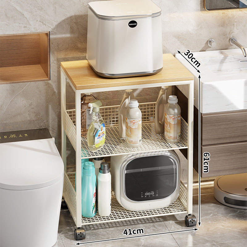 Narrow Rolling Mesh Cabinet Shelf with Bamboo Top and Locking Swivel Casters