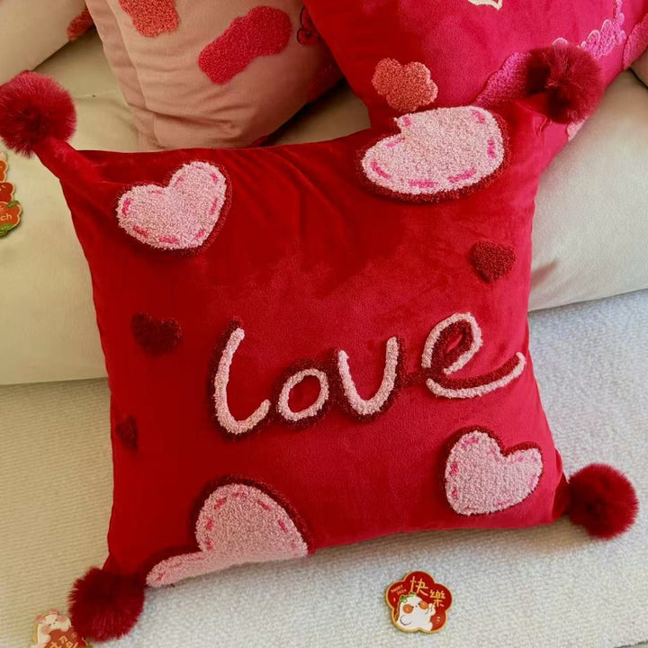 Colorful Chenille Tufted Square Throw Pillow with Plush Pom-Pom Corners and Removable Insert