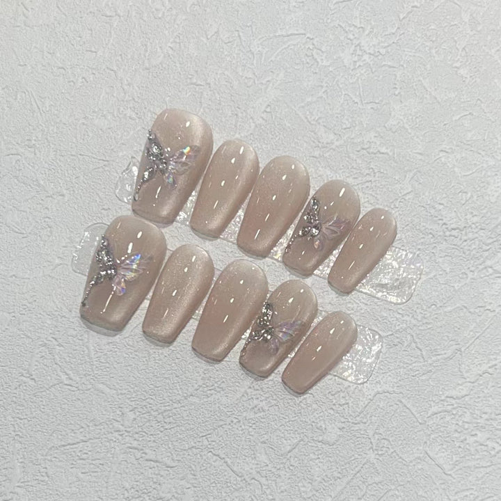 Stylish Press-On Nail Art Set with Elegant Butterfly and Gem Accents Stornfield