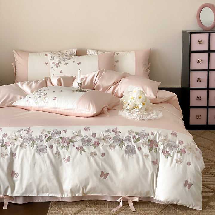 Floral Embroidered Cotton Sateen Duvet Cover Set with Ribbon-Tie Shams