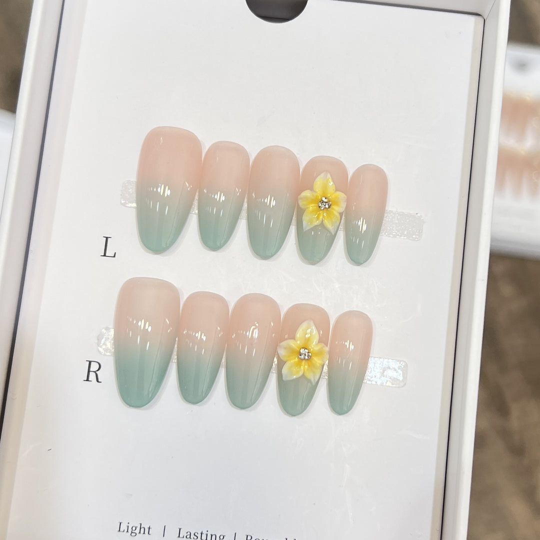 Elegant Ombre Press-On Nail Set with Floral Accents Stornfield