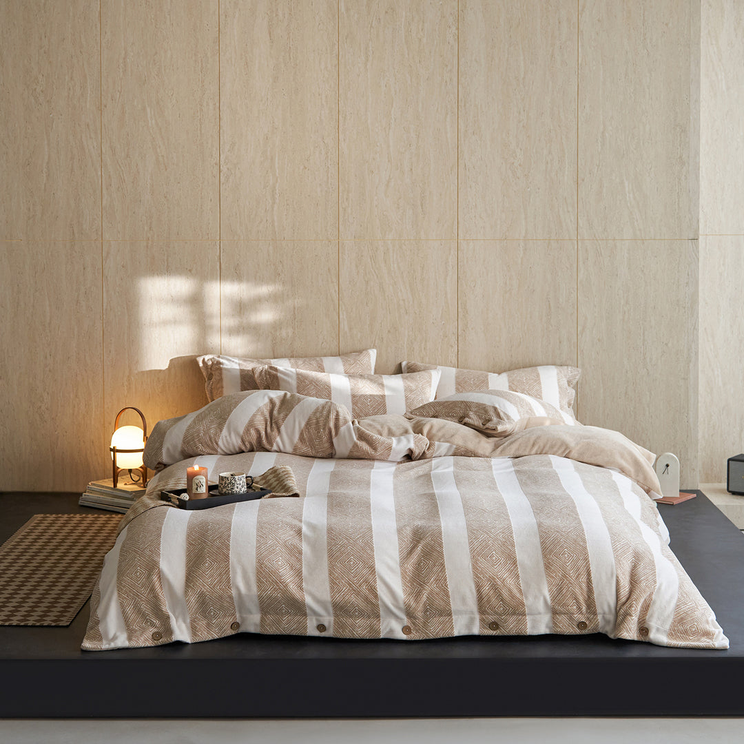 Striped Textured Cotton-Linen Duvet Cover Set with Button Closure and Pillow Shams