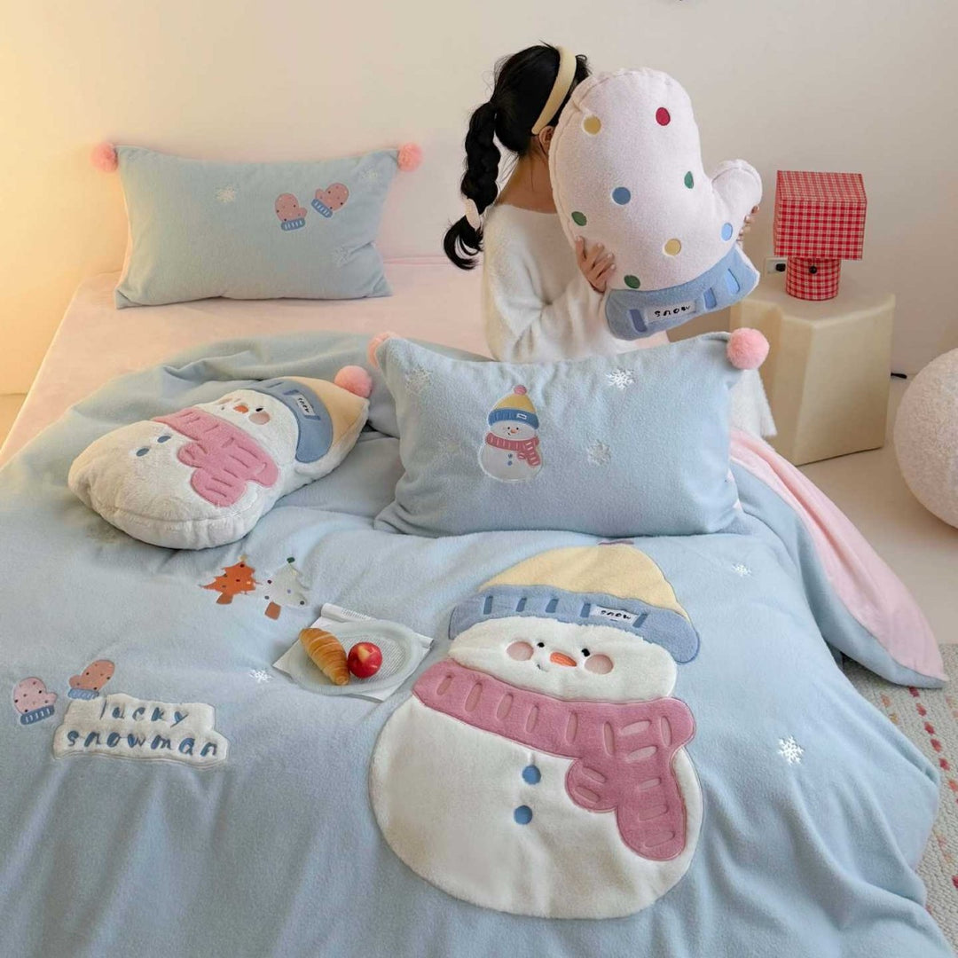 Plush Snowman Embroidered Reversible Coral Fleece Duvet Cover Set
