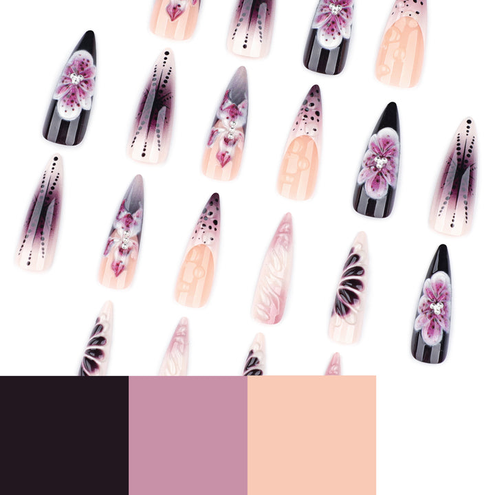 Artistic stiletto nails with floral 3D embellishments Stornfield