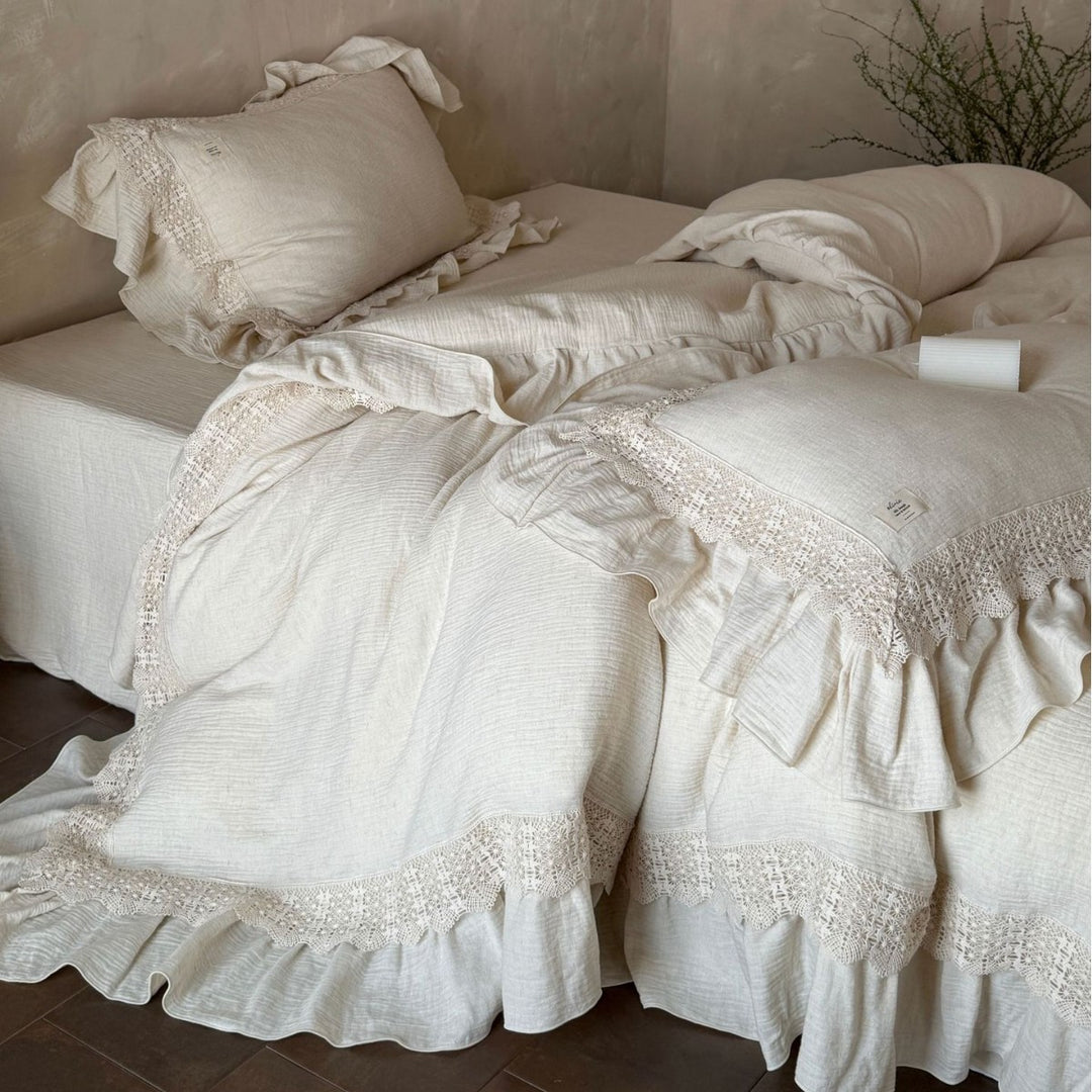 Cotton gauze duvet cover set with hand-crocheted lace trim and ruffle