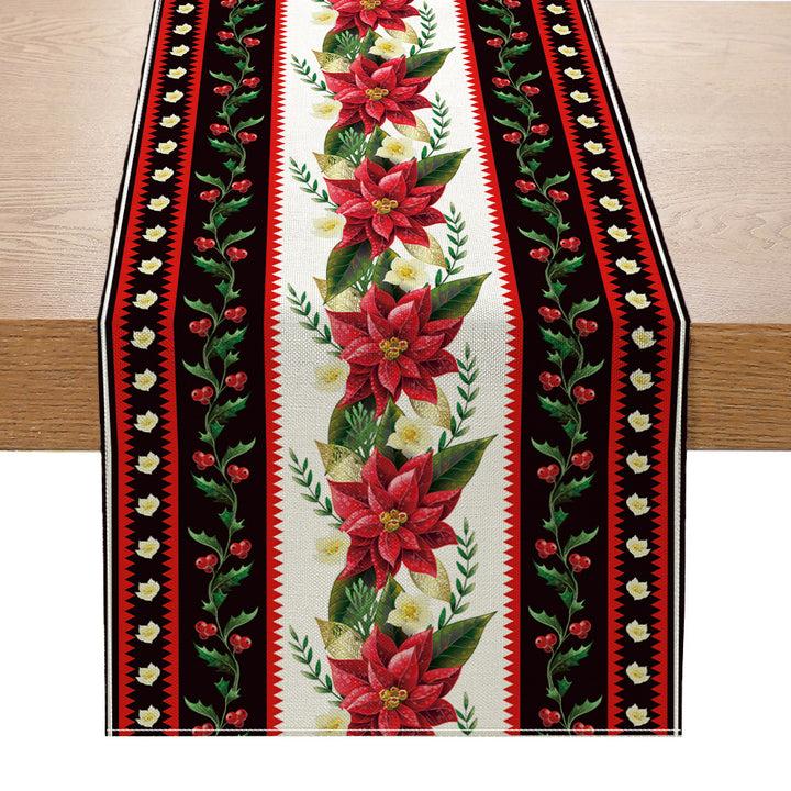 Holiday Buffalo-Check Cotton-Linen Decorative Table Runner with Golden Bells Wreath and Candy Cane Motif
