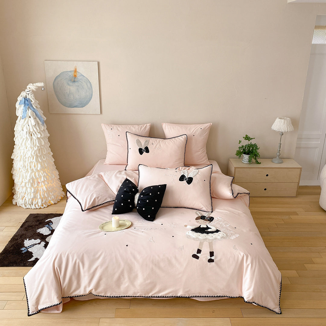 Embroidered Cotton Duvet Cover Set with Appliqué Ballet Doll & Decorative Bow Pillows
