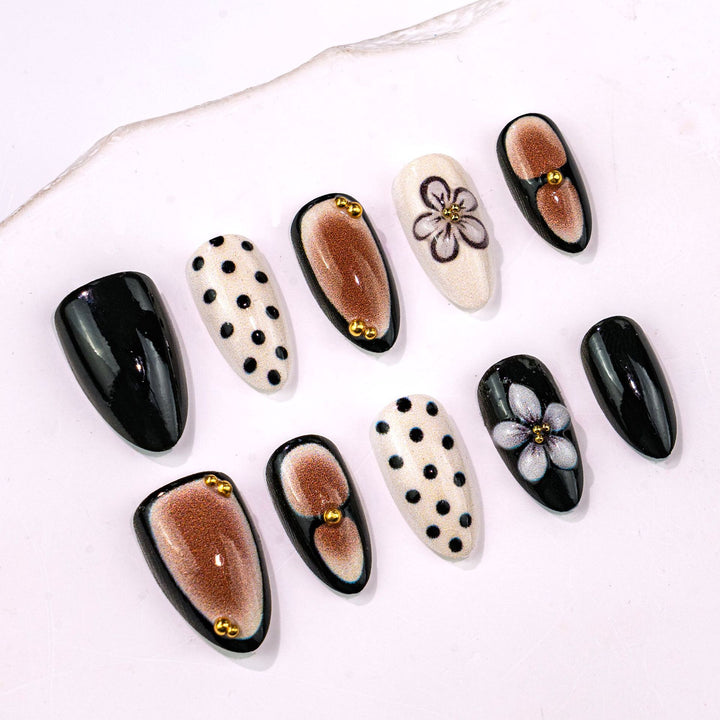 Artistic Press-On Nail Art Set with Floral and Polka Dot Designs Stornfield