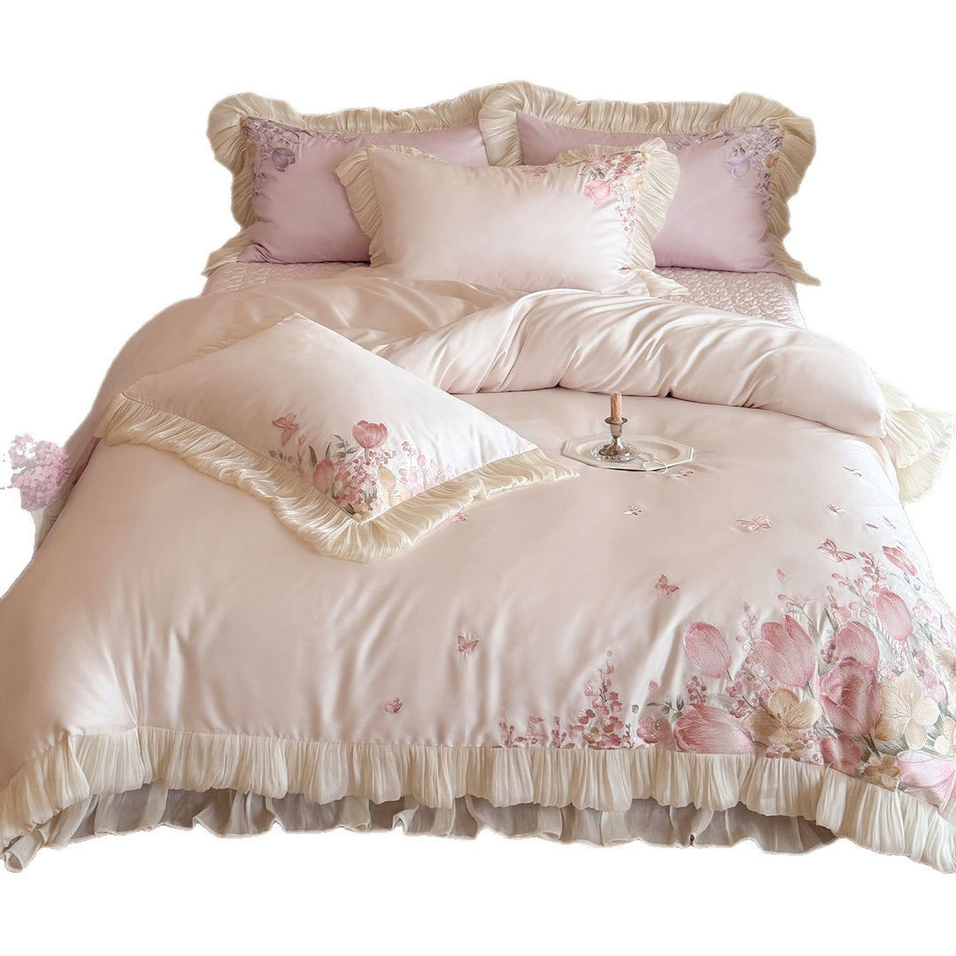 Ruffled Satin-Feel Floral Embroidered Duvet Cover Set with Pleated Ruffle Trim