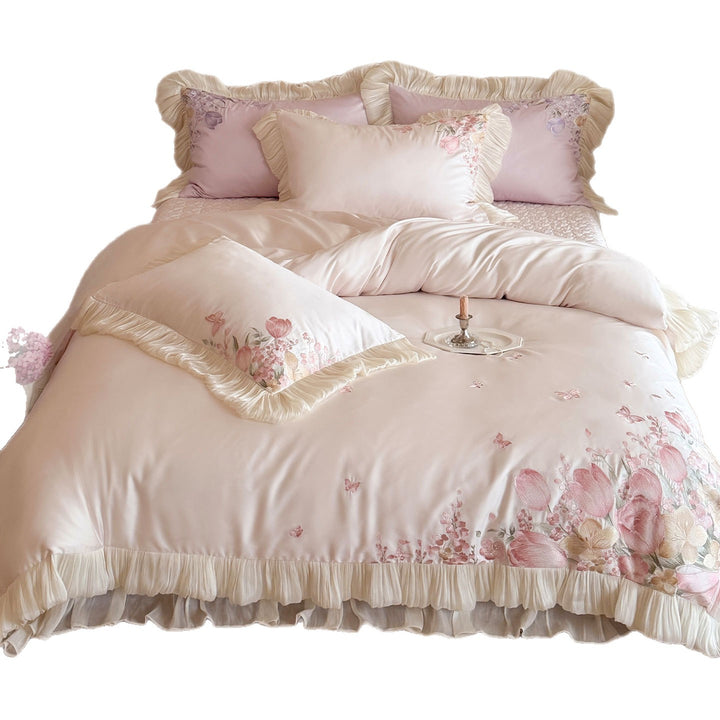 Ruffled Satin-Feel Floral Embroidered Duvet Cover Set with Pleated Ruffle Trim