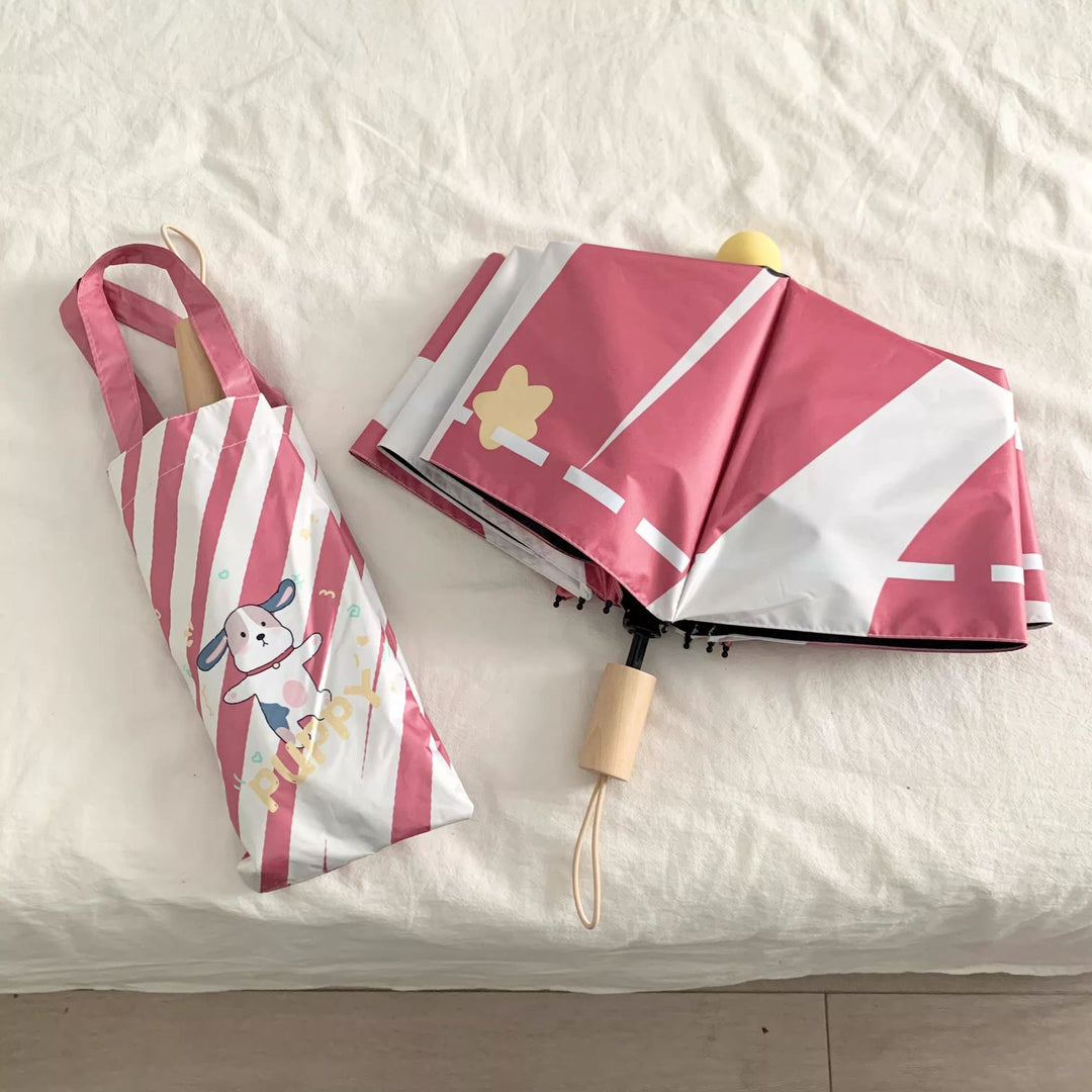 Ladies elegant folding umbrella with ergonomic wooden handle and protective carrying case Stornfield