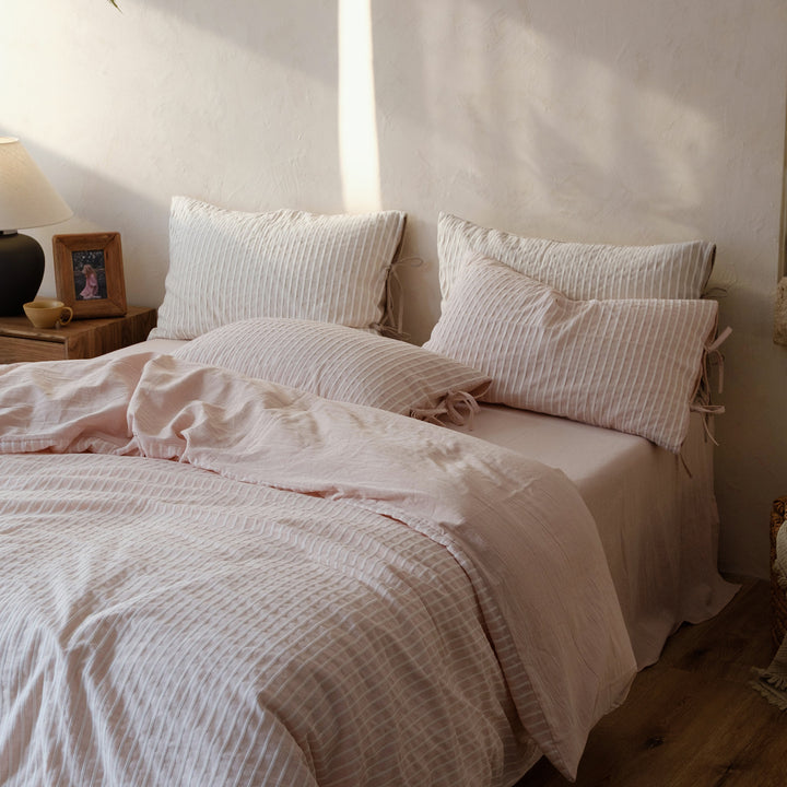 Striped Washed Linen Duvet Cover Set with Tie-Closure Pillowcases