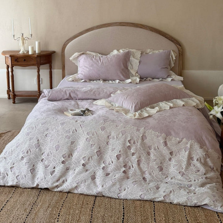 Cutwork Floral Embroidered Cotton Duvet Cover Set with Eyelet Ruffle Shams