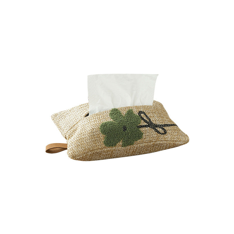 Woven tissue box cover in straw look with embroidered flower motif Stornfield