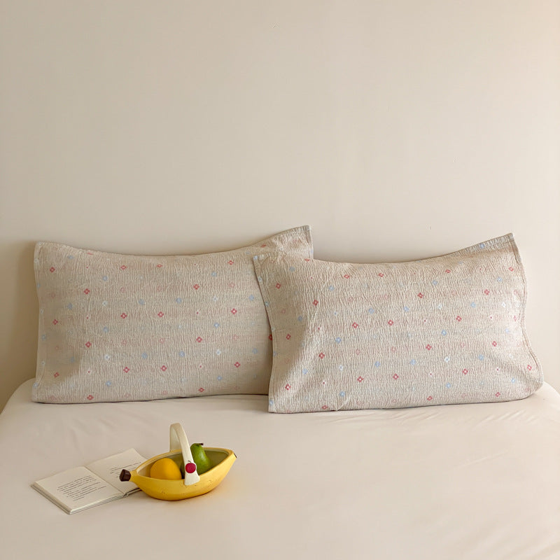 Quilted Cotton Pillowcase Pair with Embroidered Lamb Motif and Soft Crinkle Texture