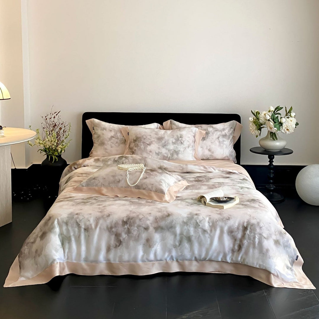 Luxurious cotton satin bedding set with watercolor marble print and fine hem edge