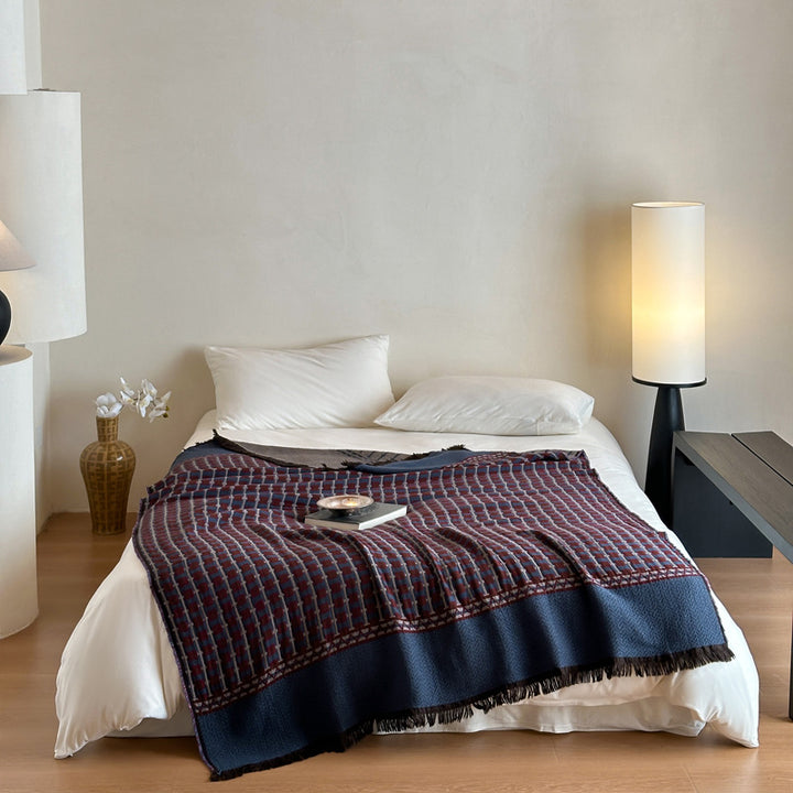Woven Waffle-Texture Fringed Throw Blanket