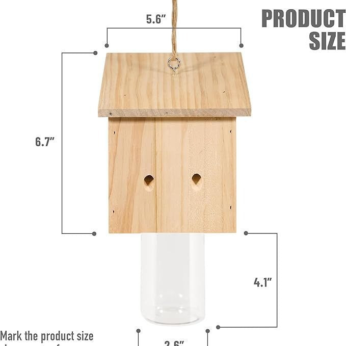 Hanging wooden bird feeder with glass jar seed reservoir and natural jute hanger Stornfield