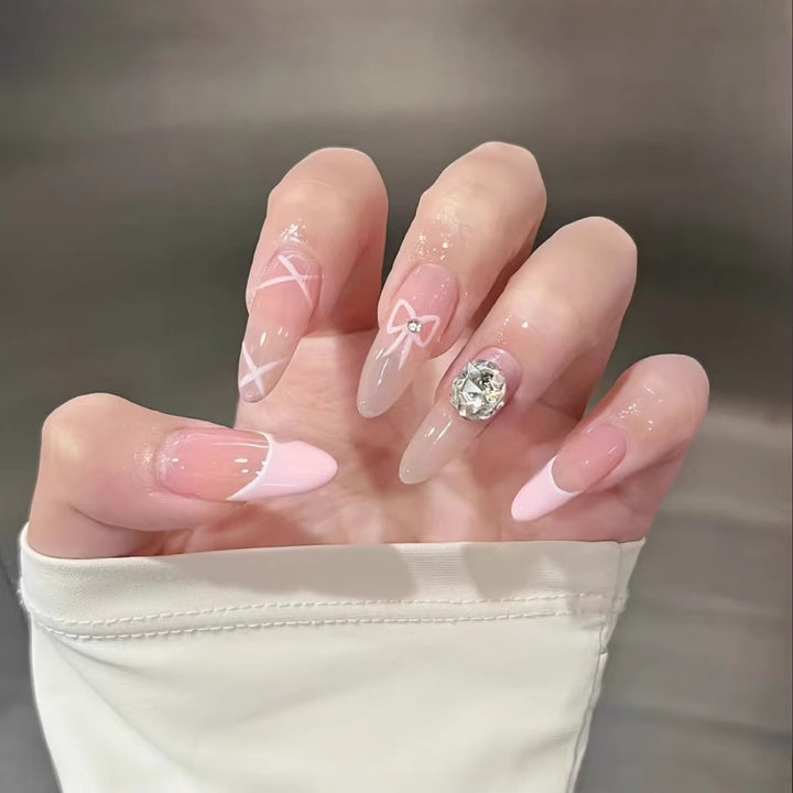 Artistic Press-On Nail Set with Floral and Gemstone Accents Stornfield