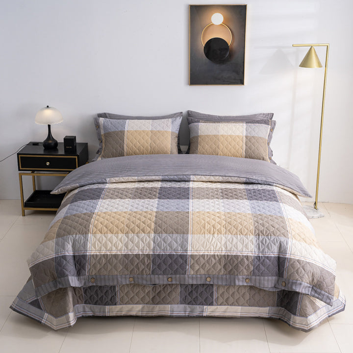 Quilted bedspread and bedding set with floral print, reversible function and decorative button placket