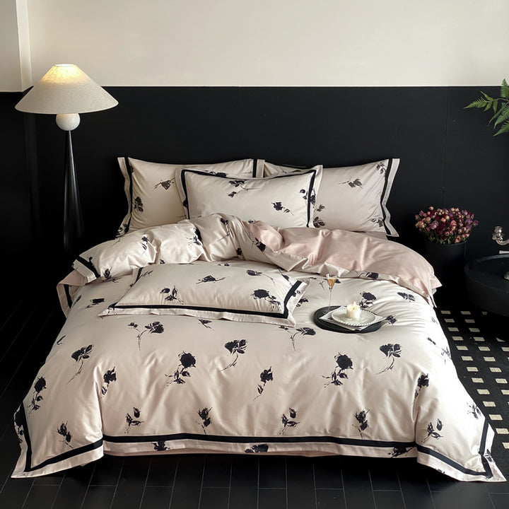 Reversible Satin-Finish Floral Duvet Cover Set with Contrast Border and Pillow Shams