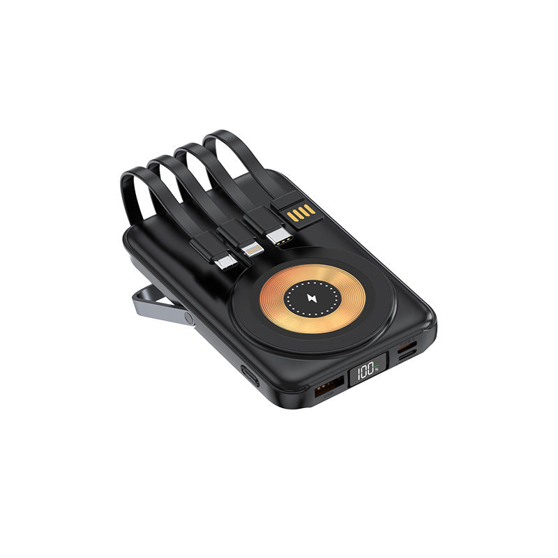Compact power bank with integrated charging cable and wireless charging function Stornfield