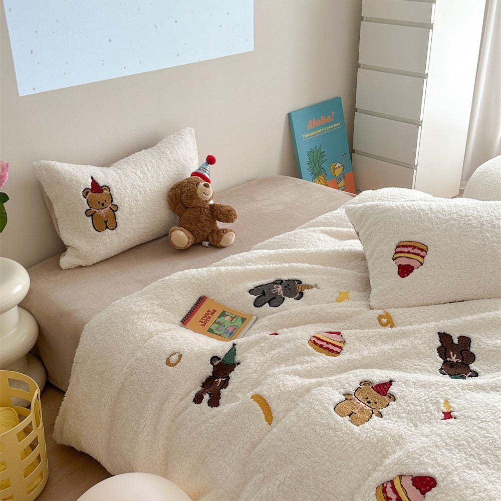 Plush Sherpa Comforter with Embroidered Teddy and Dessert Motifs