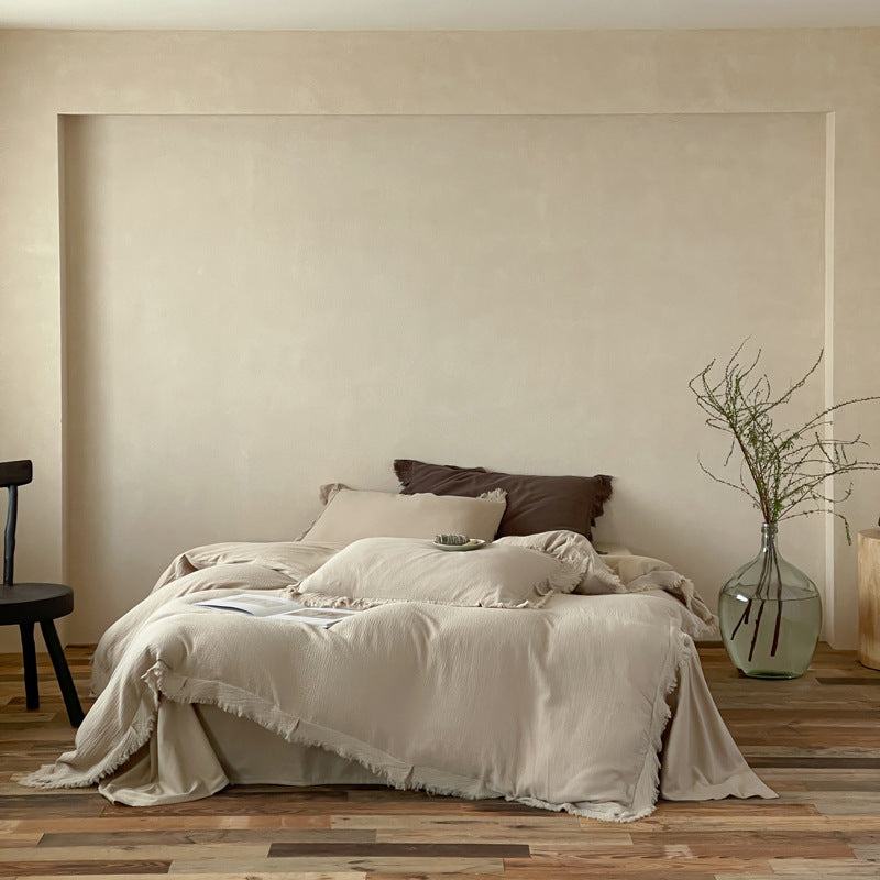 Washed Cotton Gauze Fringed Duvet Cover Set with Skirted Base & Textured Pillow Shams