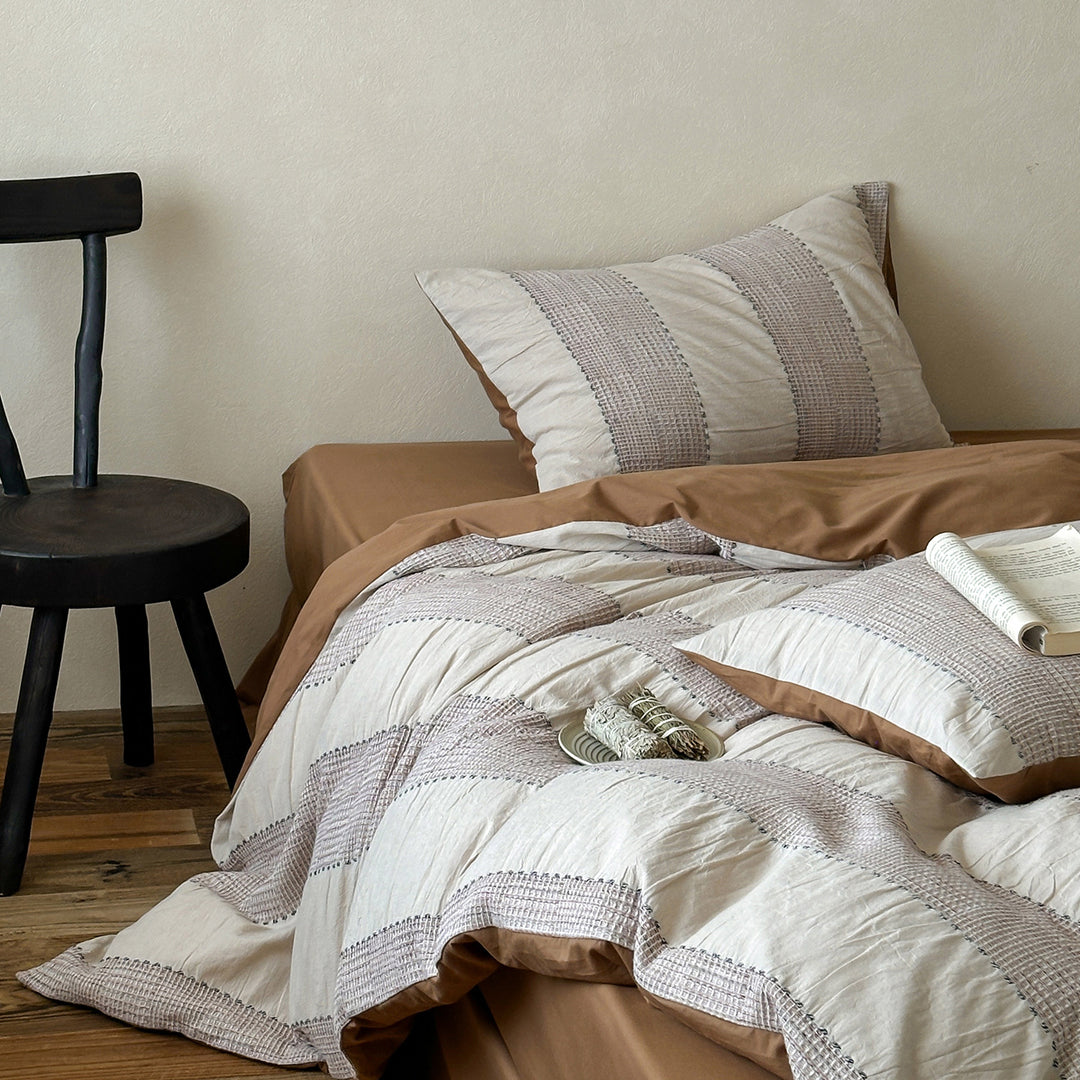 Luxury Washed Cotton-Linen Duvet Cover Set with Woven Stripe Accents