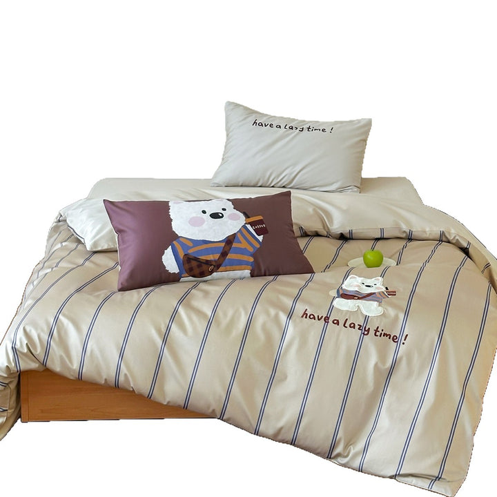 Polka Dot Embroidered Cotton Sateen Duvet Cover Set with Cute Black Cat Applique