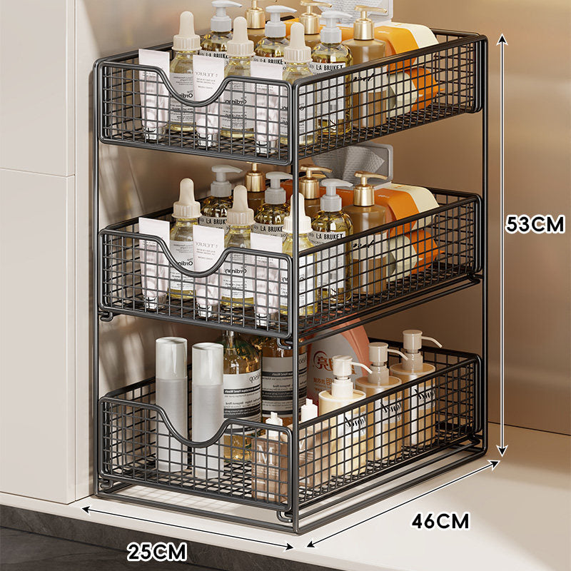 Three-Tier Sliding Mesh Drawer Cabinet Organizer for Kitchen and Bathroom