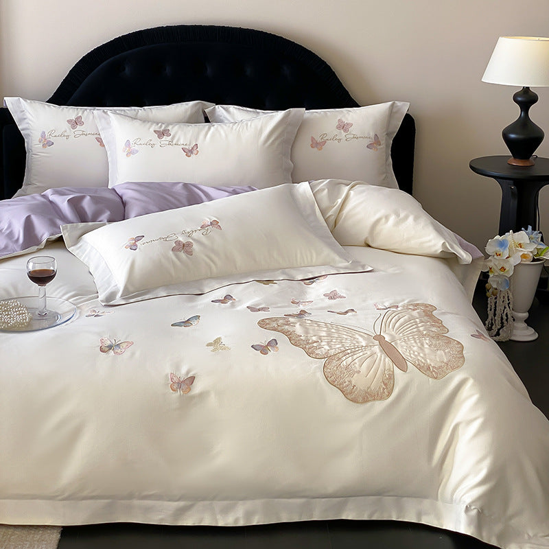 Embroidered Satin Butterfly Duvet Cover Set with Reversible Lilac Sateen and Pillow Shams