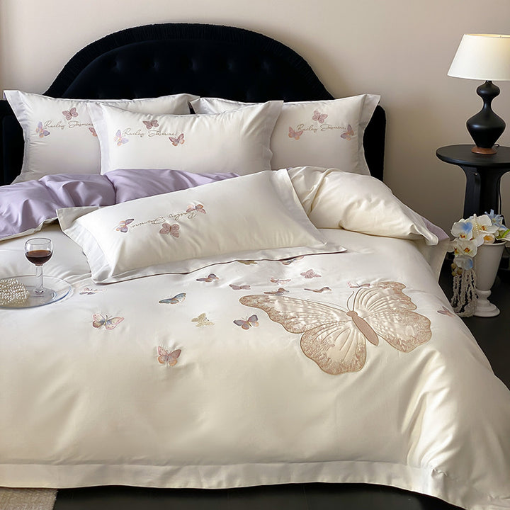 Embroidered Satin Butterfly Duvet Cover Set with Reversible Lilac Sateen and Pillow Shams