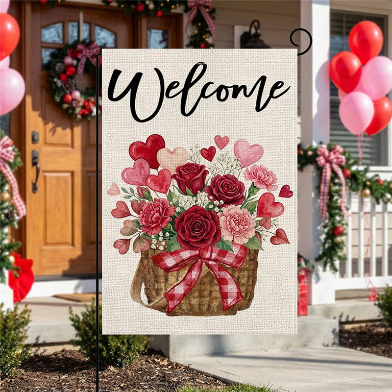 Double-Sided Burlap-Texture Rose Heart Wreath Welcome Garden Flag