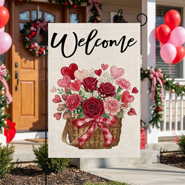 Double-Sided Burlap-Texture Rose Heart Wreath Welcome Garden Flag